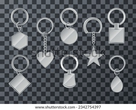 Metal keyrings with blank breloques of different shape realistic set isolated on transparent background vector illustration