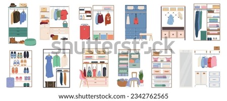 Walk in closet flat set of cloakroom with male and female garment hanging on hangers and footwear in cabinet isolated vector illustration