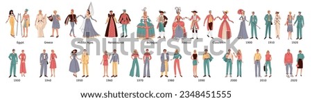 Fashion history flat set of human couples dressed in style of middle ages renaissance rococo baroque and modern times isolated vector illustration