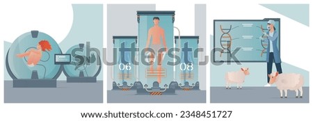 Cloning genetics set of three square compositions with chambers floating human bodies sheep scientist and dna vector illustration