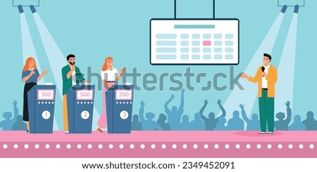 Television quiz show scene with three adult participants male host and audience in background flat vector illustration