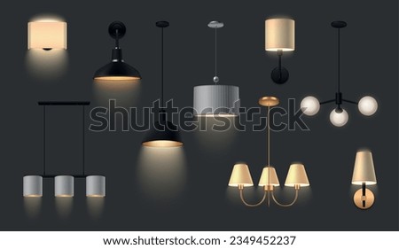 Realistic set of glowing hanging and wall lamps for modern interior isolated on dark background vector illustration