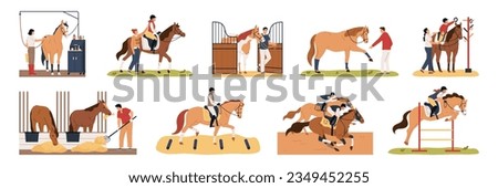 Horse and people flat set of animals equestrians stable workers isolated vector illustration