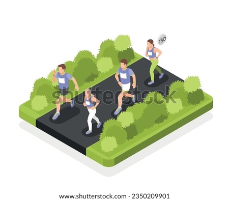 Outdoor marathon competition isometric composition with group of runners in sport uniform with numbers on t shirt isolated vector illustration