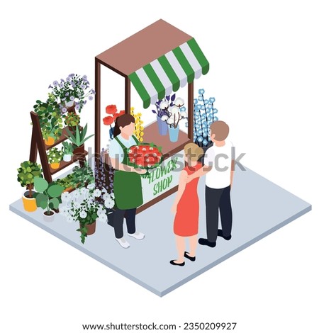 Florist city event flower decoration isometric composition with isolated view of flower market stall with people vector illustration