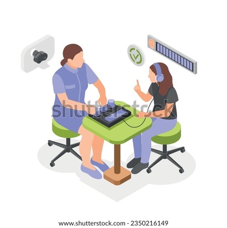 Hearing check isometric composition with doctor audiologist in medical gown doing hearing test vector illustration