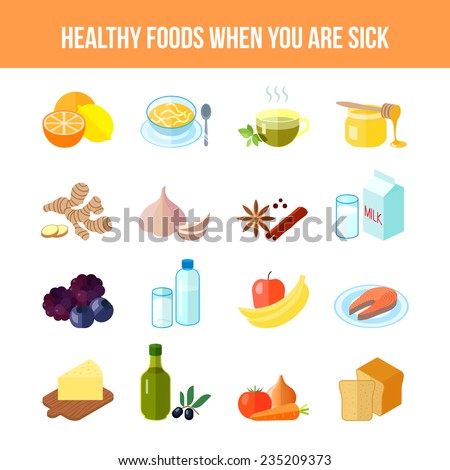 Healthy food for sick people flat icon set with lemon soup tea honey isolated vector illustration