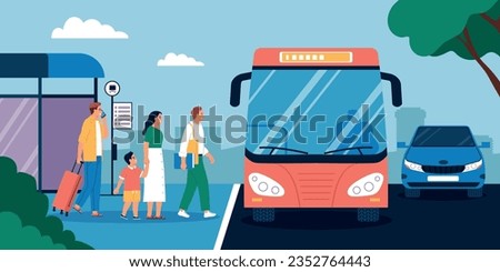 Happy people with luggage getting on bus at shelter stop flat vector illustration