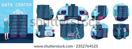 Data center composition with network equipment symbols flat isolated vector illustration