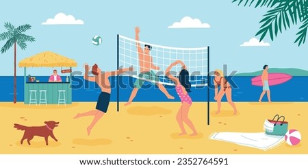 People spending vacation on sandy beach playing volleyball and surfing flat vector illustration