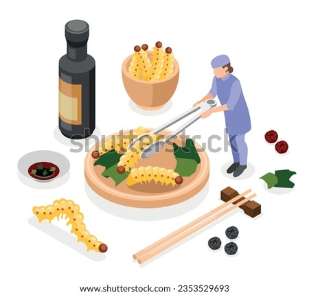 Food of future isometric composition consisting of bamboo worms on plate and bottle with soy sauce vector illustration