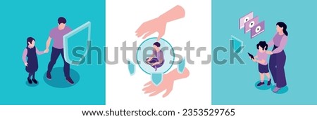 Isometric parental control design concept with set of three square compositions with human characters shield icons vector illustration