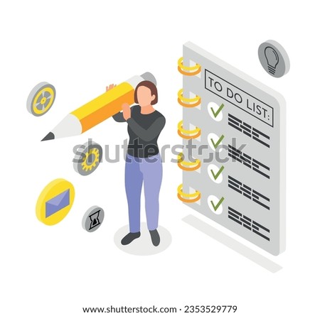 Personal productivity isometric concept with woman standing near large to do list 3d vector illustration