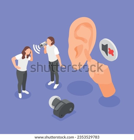 Deaf problems violet background with hearing aid and young girl screaming by megaphone to her girlfriend having problems with hearing isometric vector illustration