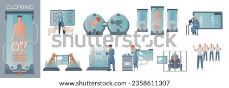 Cloning genetics flat composition with human body in chamber with set of isolated icons with scientists vector illustration