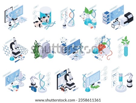 Set with isolated biotechnology compositions of isometric icons with lab equipment molecular structures and computer workplaces vector illustration