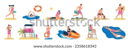Lifeguards profession set with isolated icons of professional lifesavers beach booth chairs and rescuing sinking people vector illustration