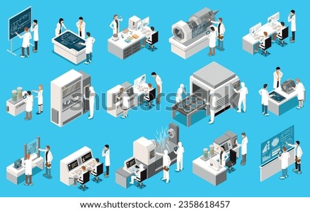 Research development isometric icons set with engineers and scientists working in tech lab isolated vector illustration