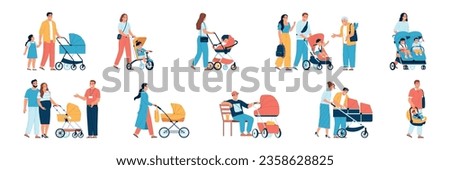 Mothers and fathers with various baby carriages flat set isolated vector illustration