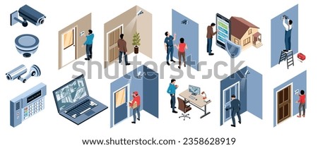 Set with isometric home security compositions with icons of cctv cameras computers houses and human characters vector illustration