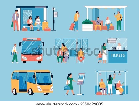 People commuting waiting at bus stop buying tickets flat set isolated on color background vector illustration