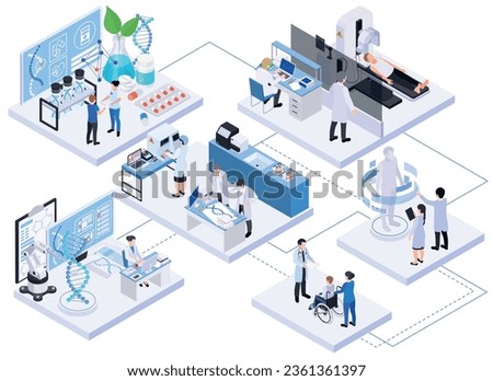 Biotechnology isometric composition with set of connected platforms human characters of lab scientists doctors helping patients vector illustration