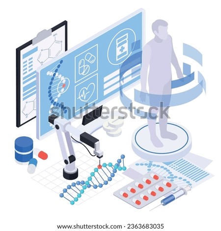 Biotechnology isometric composition with computer screens dna pills syringe and silhouette of human body in projection vector illustration