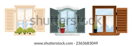 Vintage balcony window icon set three isolated colored windows beige gray and brown vector illustration