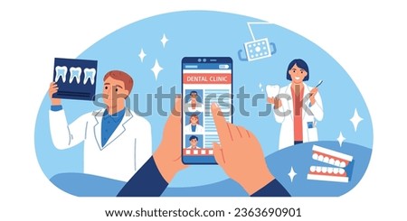 Dentist composition with doodle style human characters of dental doctors and hand holding smartphone choosing specialist vector illustration