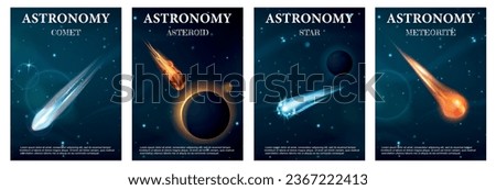 Realistic space meteor poster set with starry sky background and text with planets comets and meteorites vector illustration