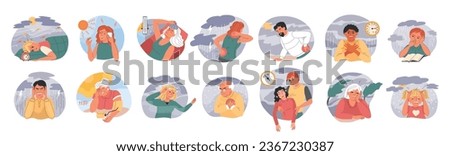 Weather dependence flat set of isolated round compositions with outdoor weather conditions and people getting sick vector illustration