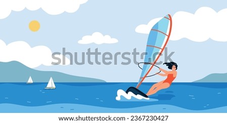 Flat water sport concept with happy woman windsurfing vector illustration