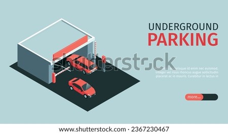 Isometric parking horizontal banner with editable text slider more button and cars near entrance to underground vector illustration
