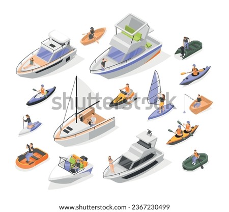 Nautical vessels isometric icons set with kayak canoe and sailing ship isolated vector illustration