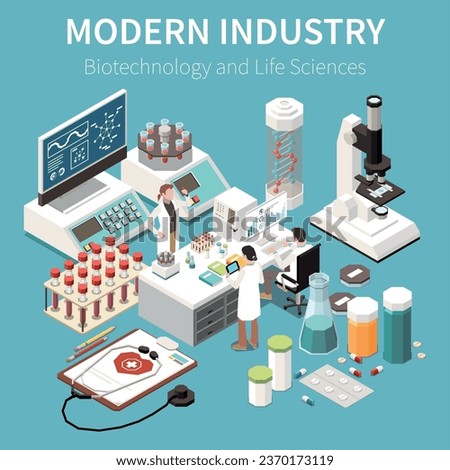 Modern industry isometric composition with equipment tools and researchers working in field of biotechnology and life sciences vector illustration