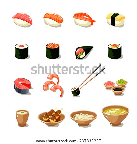 Asia food icon set with sushi rolls sashimi noodle miso isolated vector illustration