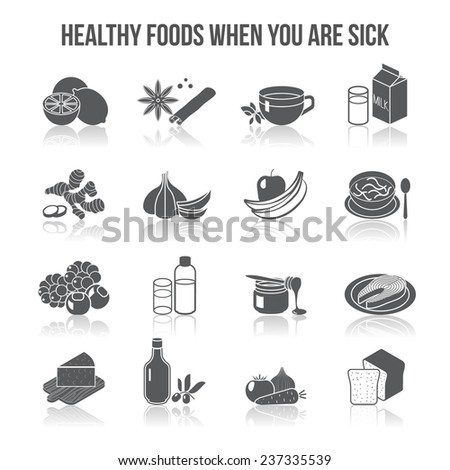 Healthy food for sick people black icons set with citrus spices tea milk isolated vector illustration