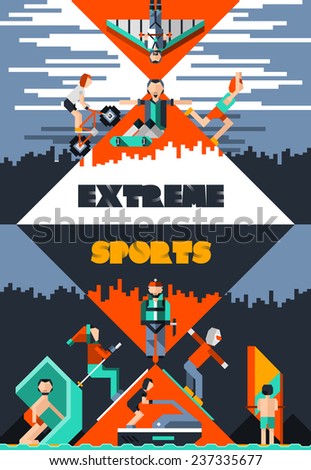 Extreme sports poster with pixel people avatars ground water and air activities vector illustration