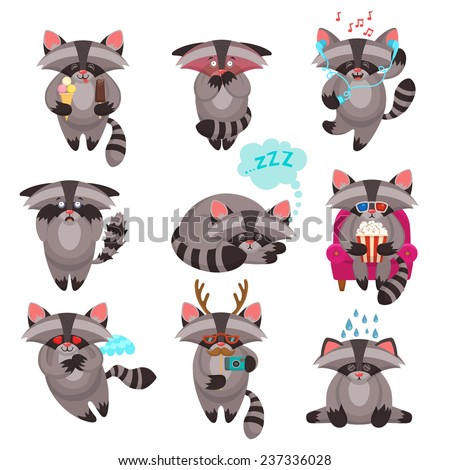Decorative emotions expression funny raccoon mascot symbols icons  collections of love sadness happiness abstract isolated vector illustration
