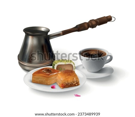 Realistic turkish delight composition with baklava and coffee cup vector illustration