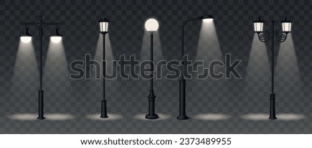 Street lamp realistic icons set with spotlights on transparent background isolated vector illustration