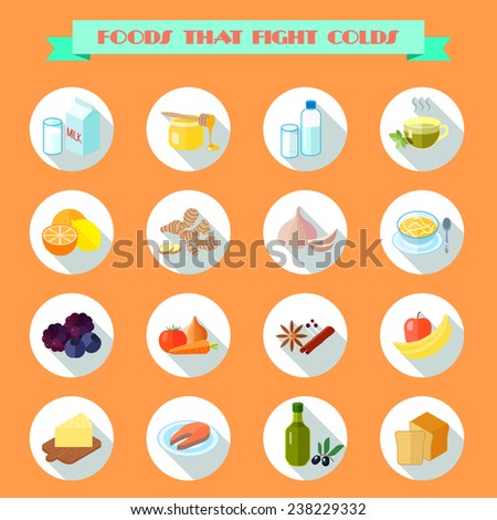 Food that fights cold flat icons set with milk honey water tea isolated vector illustration