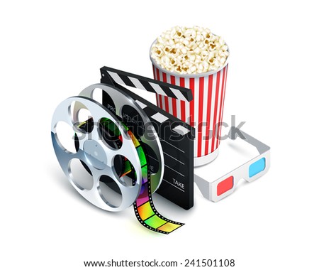 Cinema concept with movie theatre elements set of film reel clapperboard popcorn 3d glasses realistic vector illustration