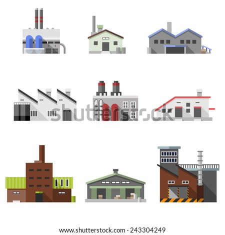 Factory power electricity industry manufactory buildings flat decorative icons set isolated vector illustration