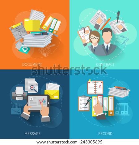 Document design concept set with contract message record flat icons isolated vector illustration