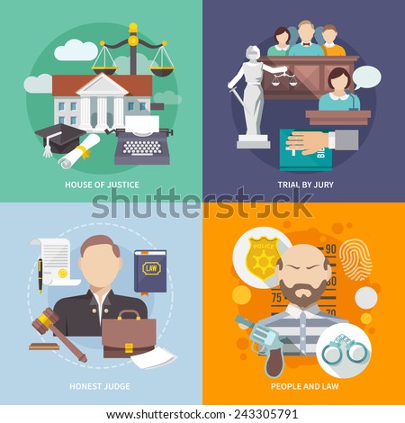 Law design concept with house of justice trial by jury honest judge icon flat set isolated vector illustration