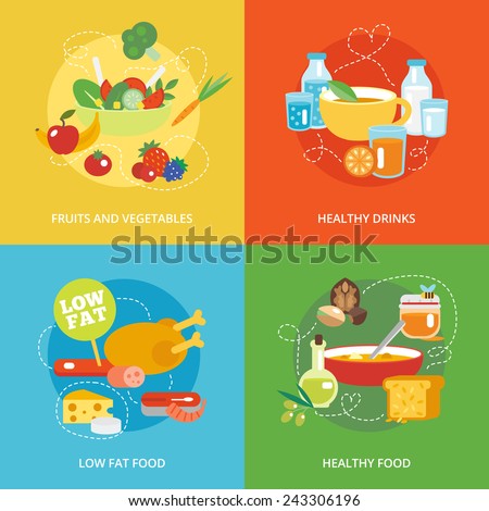 Healthy Eating Flat Icons Set With Fruits And Vegetables Drinks Low Fat ...