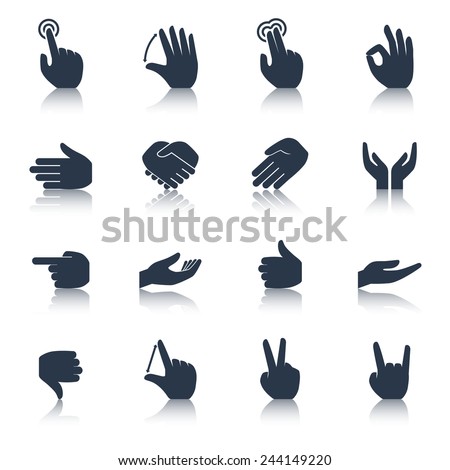 Human hands applause tap helping action gestures icons black set isolated vector illustration