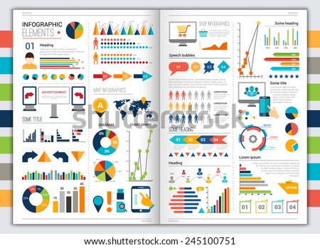 Flat paper infographic set with charts and bookmarks title and heading elements vector illustration