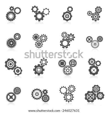 Cog wheel gear mechanic and engineering black icon set isolated vector illustration